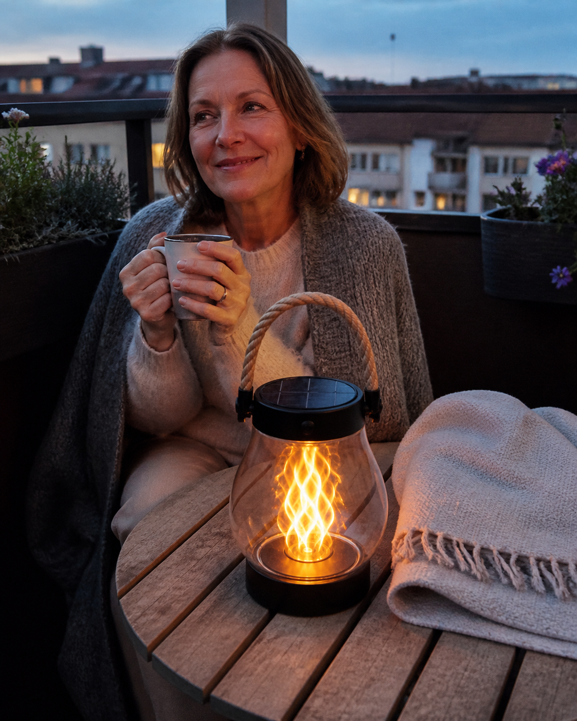 Kundbild: kväll på balkongen med en tänd lykta