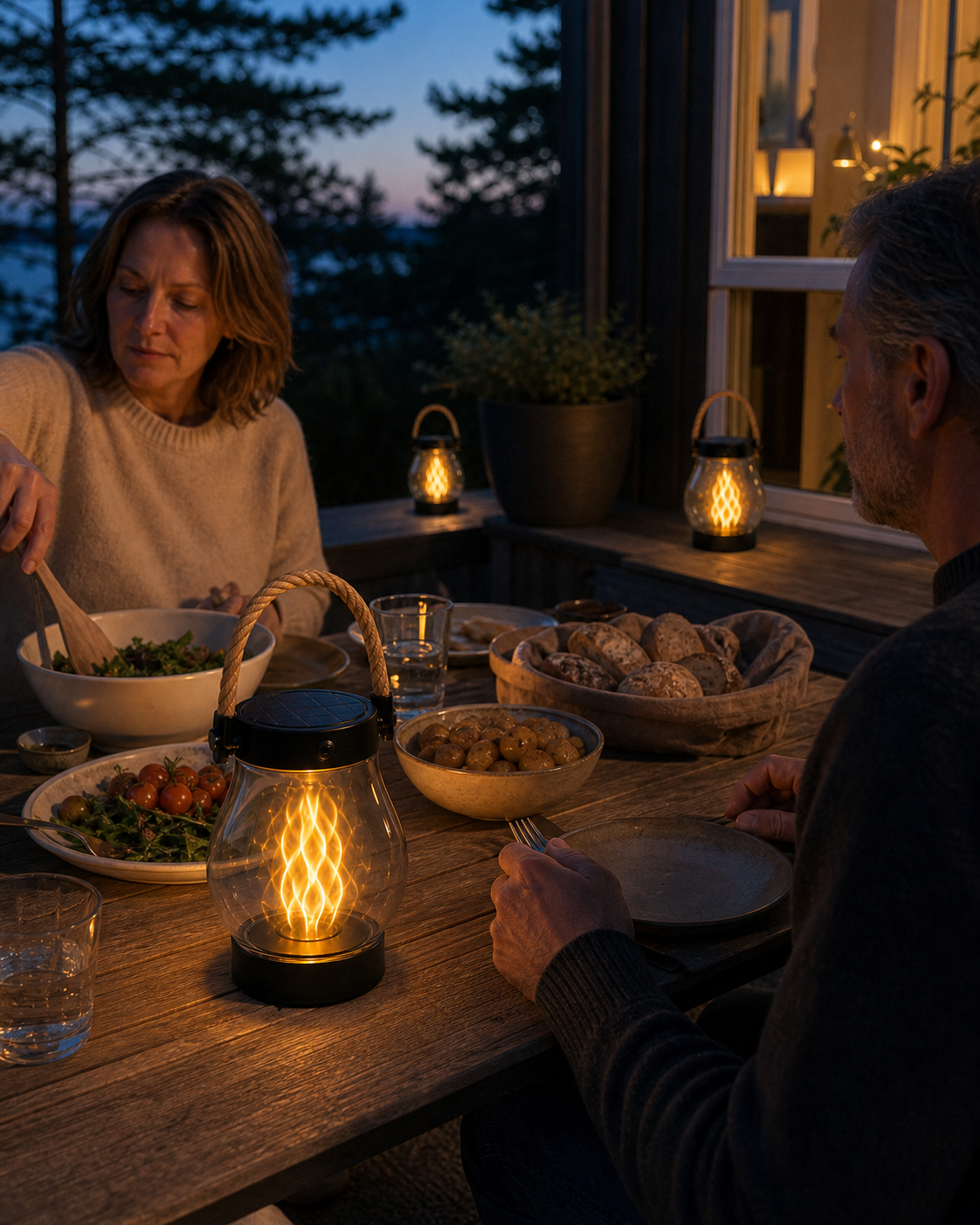 Ett par äter middag utomhus i skymningen med en tänd lykta på bordet